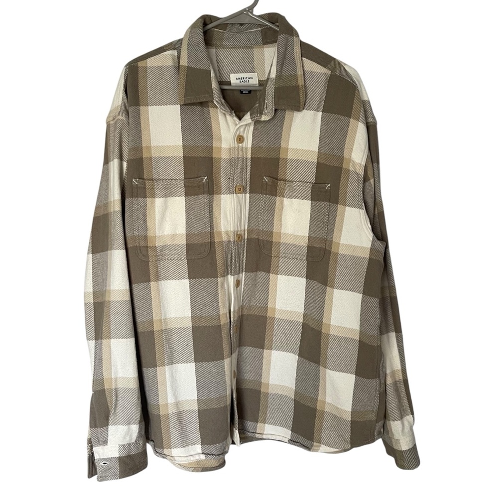 American Eagle Men’s Flannel Button Down Shirt Tan Cream Sz. L 100% Cotton